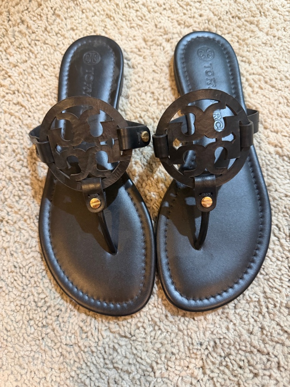 Tory Burch Black Leather Logo Thong Sandals with Gold Accents